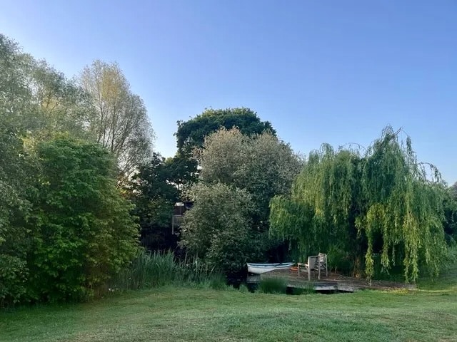 A peaceful garden with green trees, a small wooden dock, and a boat by a calm pond under a clear blue sky in late afternoon light.